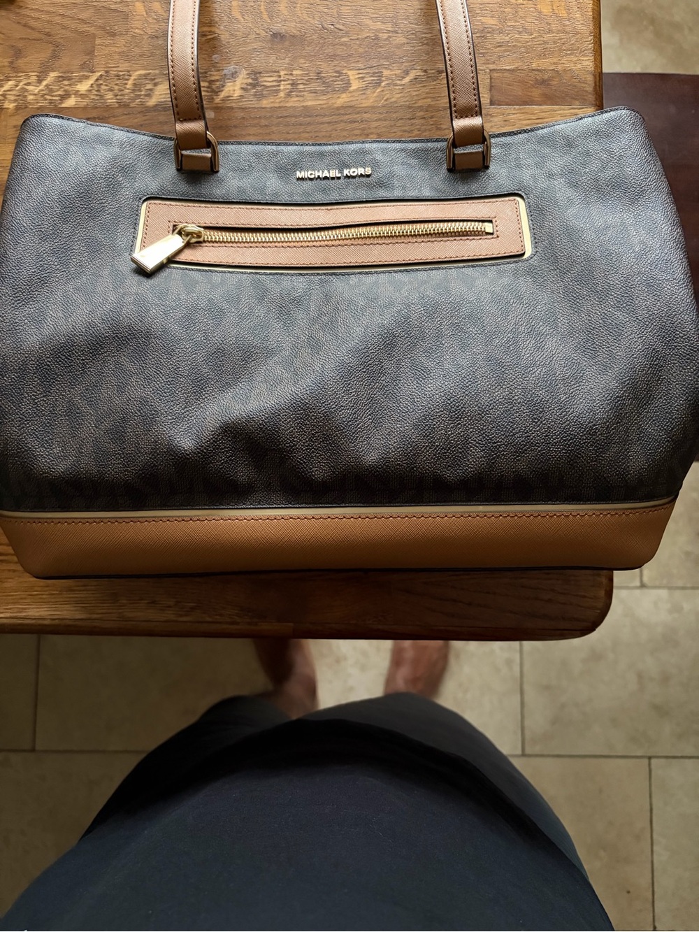 Michael Kors Two-Tone Brown & Tan Tote with Front Zip Pocket